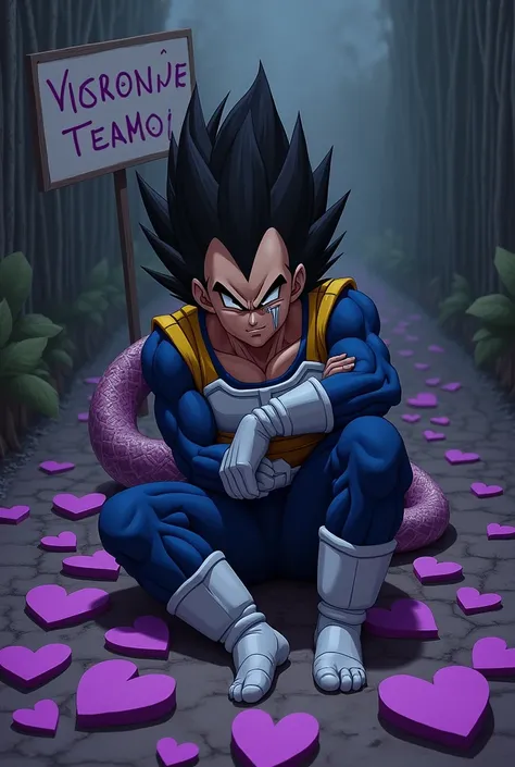 Vegeta crying very sad with broken purple hearts , with a snake and a sign that says Valentina and Jonathan TEAMO