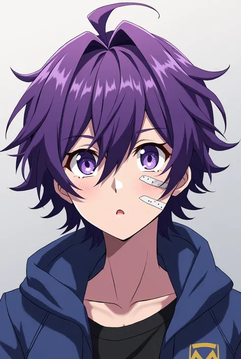 A BOY with purple and semi-long hair, 19 years, Purple and blue eyes with a bandage on the left cheek, based on the art of the anime boku no hero academia
