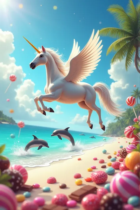 Unicorn flying with a beach background, dolphins jumping, candy everywhere and real 
