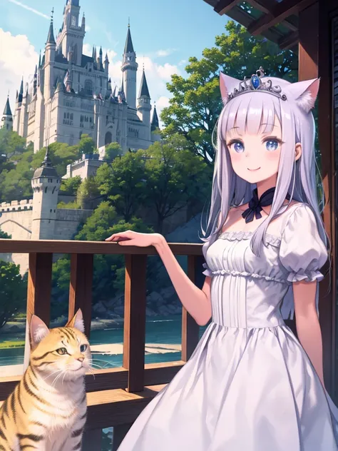 Smiling girl holding a cat、Realistic Cat、Smiling、Upper Body、Princess、tiara、Inside a Western castle、Castle、White Dress、