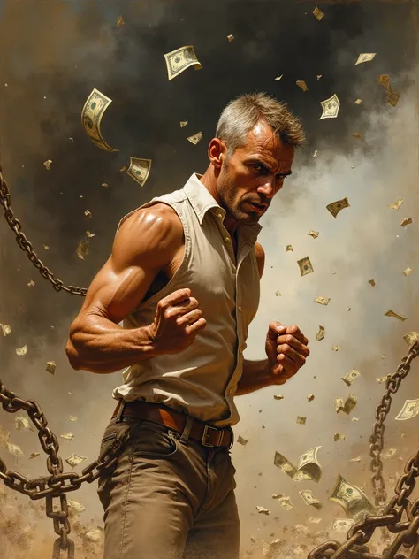 Man fighting money, Oil Painting, Harsh brush strokes, Dramatic Lighting, intense expression, Determined eyes, hold fists, sweat dripping down his face, Wrinkled suit, broken chains, Crumbling dollar bills, Crumbling Stock Market Graph, Smoke rises in the ...