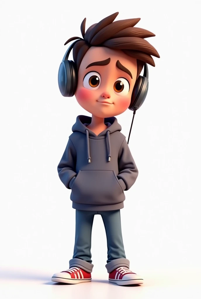 Cartoon male character age 18, looking straight into the camera, stand straight, wearing hoodie, wearing headphone, instagram video size ratio and transparent background 