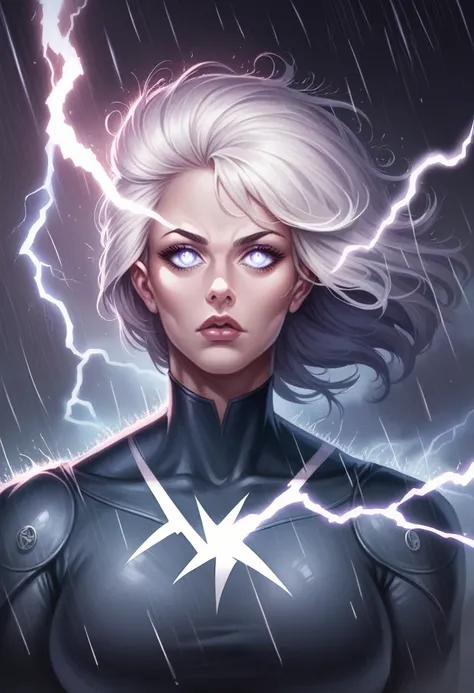 superhero, storm, x-men, 1 woman, beautiful detailed eyes, beautiful detailed lips, extremely detailed face, long eyelashes, lightning, rain, dramatic lighting, dark clouds, photorealistic, 8k, ultra-detailed, highly detailed, hyper realistic, cinematic, m...