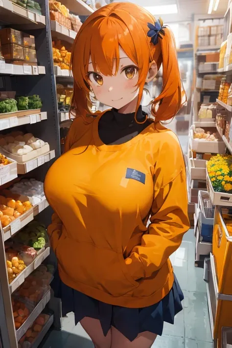 1 female, shy girl, yellow sweatshirt, blue dress, black shoes, huge breast, orange twintail hair, orange hair, blushing, flower store