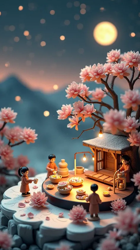 (3D art, 3D style), a captivating night scene filled with tranquility, dotted with stars, (Mid-Autumn Festival: 1.5), macro lens, desktop, Mid-Autumn Festival, miniature mooncakes, tiny figures, osmanthus tree, figures sawing mooncakes, transporting moonca...