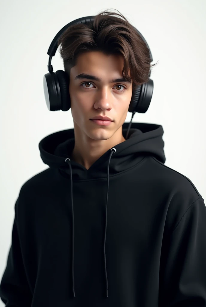 Male character age 17 wearing headphone, instagram video size ratio, looking straight into the camera, stand straight into the camera, wearing black hoodie and transparent background 