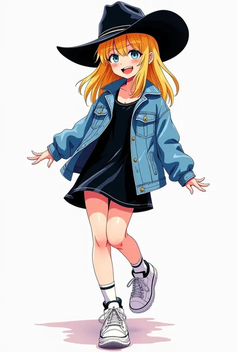 a stylized handdrawn manga charcater design style illustration, black lineart ink and copic markers, cool girl with blonde hair and fringe wearing a black cowboy hat and a blue jeansjacket, black short dress, white sneakers, happ, cowboy witchy pose --ar 2...