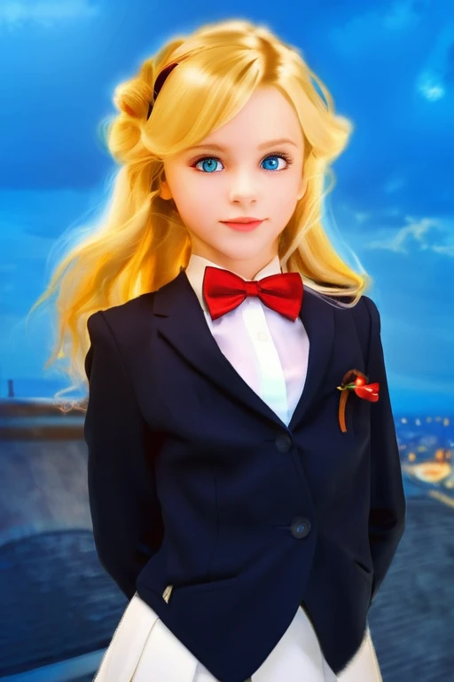 High quality, photography,  ultra realistic, highly realistic, beautiful European franch italian girl, 20 years, (blue eyes),  fair face, blonde hair, detailed hair, realistic hair,  ((straight hair)), long hair, red bowtie, black jacket, white skirt 