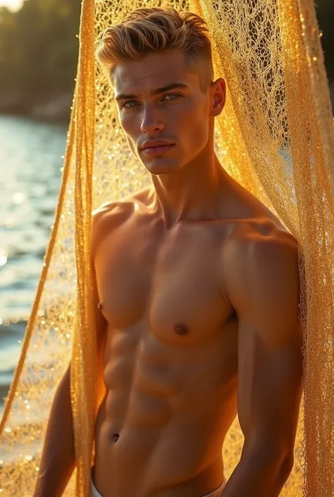 naked/fully naked handsome young man in his early twenties with short undercut blond hair in a gold fishing net