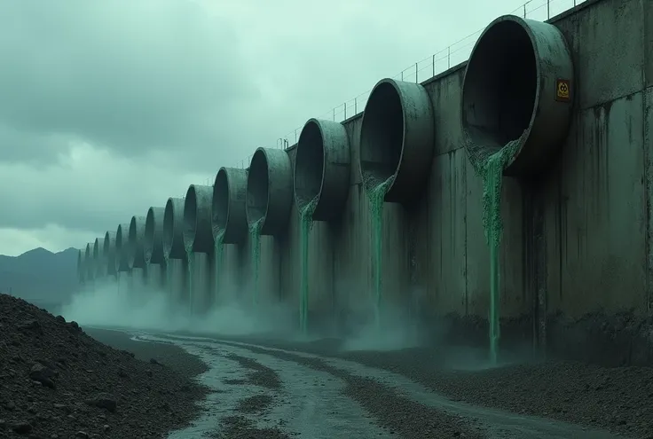 make a giant dark concrete wall 200 meters high and have ten round pipes with 15 meter diameter openings coming out of it, the pipes are too high on the top of the wall, the wall is over a 300 meter high canyon, the pipes are huge dark and abandoned, leaki...