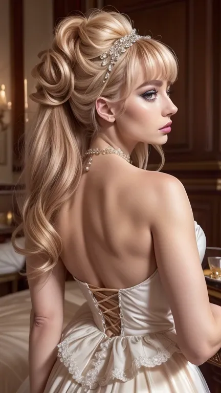 cinematic photo , gorgeous georgian era woman, shoulders back, head held high, grand elaborate white powdered wig, towering wig ...