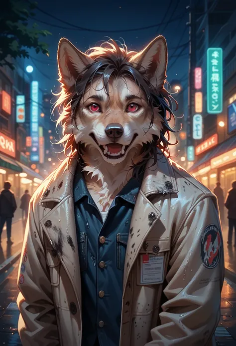 (best detail, high quality), fluffy wolf, walk around the city, (night, bright lights, urban environment), (dynamic framing, fer...