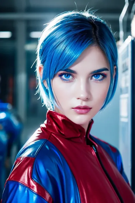 Real Women、Face Barbara Palvin、Blue hair、Blue eyes、Shorthair、Red jacket、World of Cyberpunk、