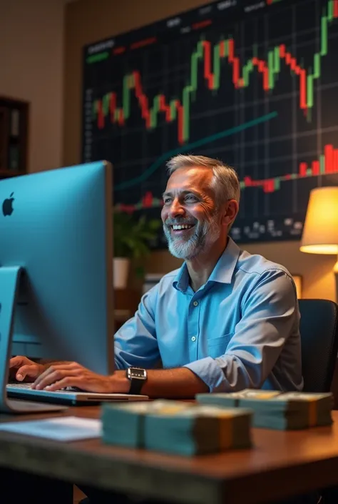 A man with smile seeing computer on table cash on table trading charts on back wall