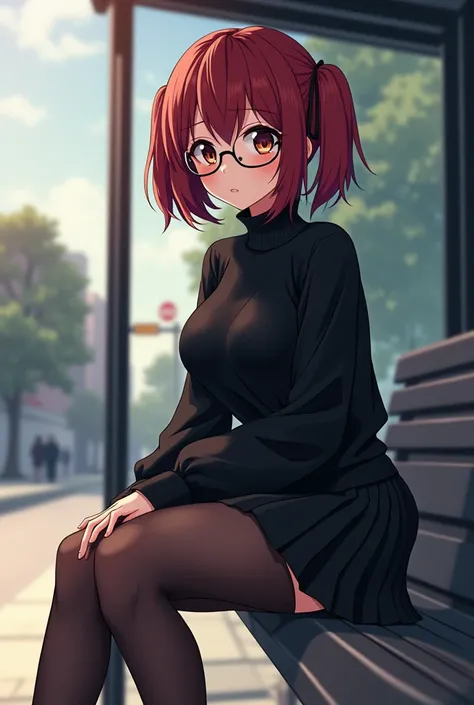 anime, young woman, slim, light skin, brown eyes, short hair, pigtails on the sides of the hair. reddish hair, glasses, black eyeliner, subtle black eyeliner, reddish cheeks, black sweater, long-sleeved sweater, black skirt, short skirt, long stockings, da...