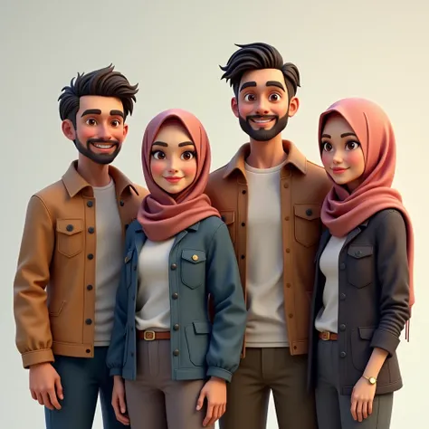 ((3 men wear jacket hijabless), (2 women wear hijab), (1 girl hijabless)), correct people numbers, casual fashion, just concentrate, happy expression, extreme detail, all white skin, masterpiece, 4k, gaming character, 3D character, proportional, crowdless ...