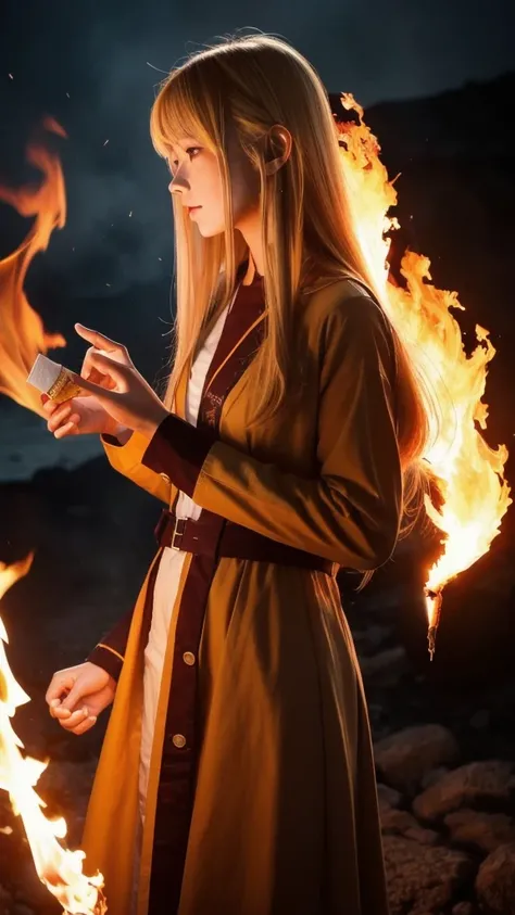 One person, 前髪を上げたLong Hair, breathing fire, combustion, Burnt clothes, knife, Ahoge, Beige Hair, Multicolored Hair, fire, inflammation, inflammationの剣, (Put your hand on the handle), Are standing, Long Hair,  Pyrokinesis, Expressionless, cigarette, flower...