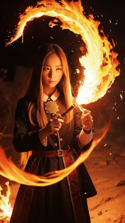 One person, 前髪を上げたLong Hair, breathing fire, combustion, Burnt clothes, knife, Ahoge, Beige Hair, Multicolored Hair, fire, inflammation, inflammationの剣, (Put your hand on the handle), Are standing, Long Hair,  Pyrokinesis, Expressionless, cigarette, flower...