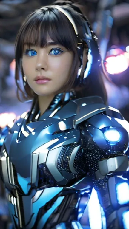 Wide-angle shot, 1 female, Mecha, Sparkling Blue Eyes, Very cute face, (Realistic:1.37), バイオMechaニカル, Spaceship interior bokeh background, Ultra-realistic, Very detailed, Very intricate details, Beautiful woman in focus