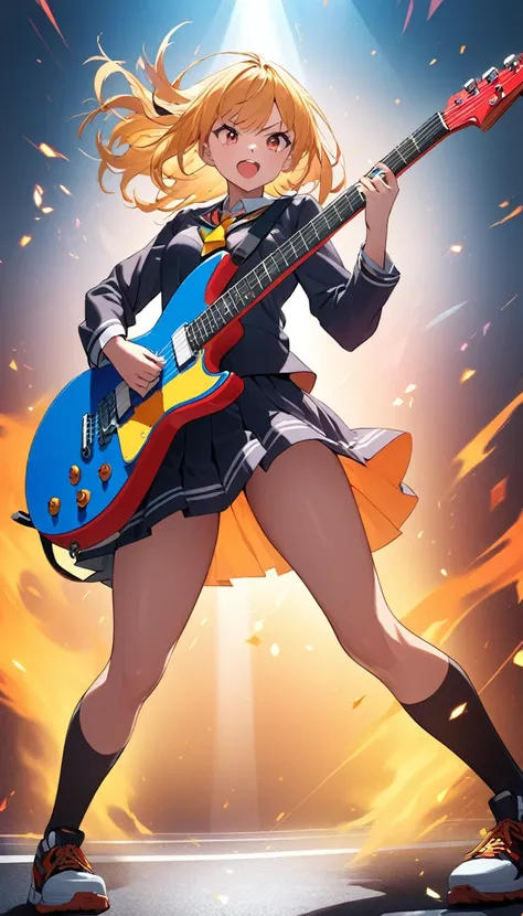 1girl,wearing schoolgirl uniform,Create dynamic image for a hard rock song with epic guitar solos for high-strength interval training. Focus on energy, strength, and bold colors.