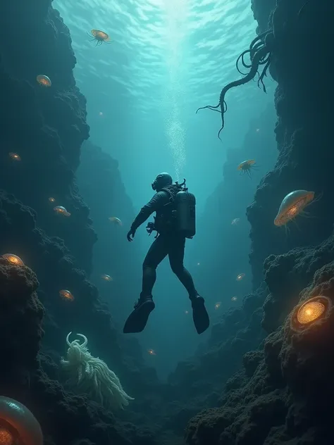 Diver with strange deep-sea creatures