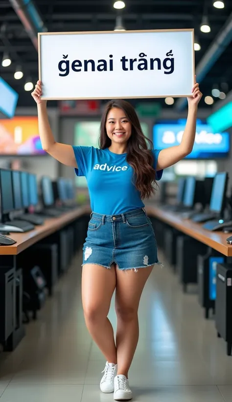 A BEAUTIFUL THAI GIRL WITH long HAIR, WEARING A BLUE T-SHIRT WITH THE WORD "ADVICE" PRINTED ON IT, WEARING A SKIRT OF SHORT JEANS, AND WEARING WHITE SNEAKERS ((STANDING WITH A LARGE SIGN ABOVE HER HEAD WITH THE WORD "GENAI TRANG"))) IN A COMPUTER STORE. Ta...