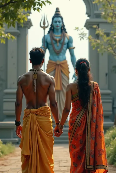 Create an AI image of man wearing dhoti and woman wearing saree ...Both of them holding the hands beside lord Shiva statue.