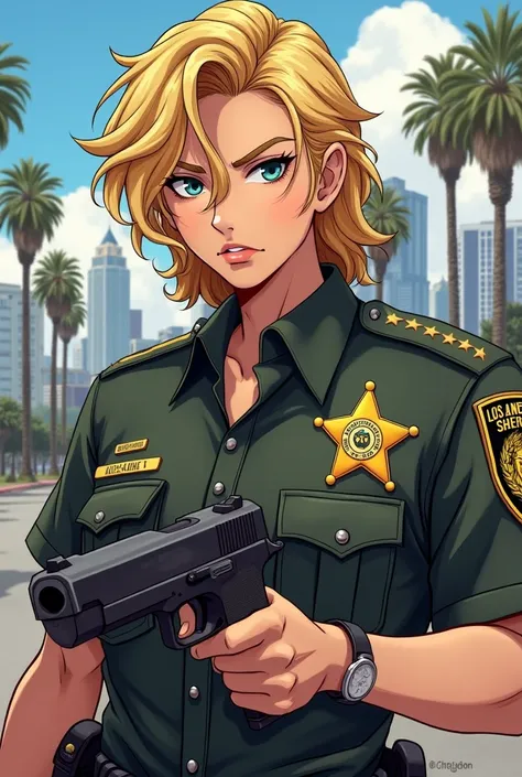 los angeles sheriff, "white" blonde curly hair, anime style drawing (man with serious face) uses a gun