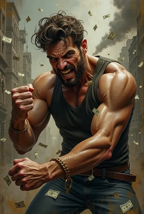 Man fighting money, Oil Painting, Harsh brush strokes, Dramatic Lighting, intense expression, Determined eyes, hold fists, sweat dripping down his face, Wrinkled suit, broken chains, Crumbling dollar bills, Crumbling Stock Market Graph, Smoke rises in the ...