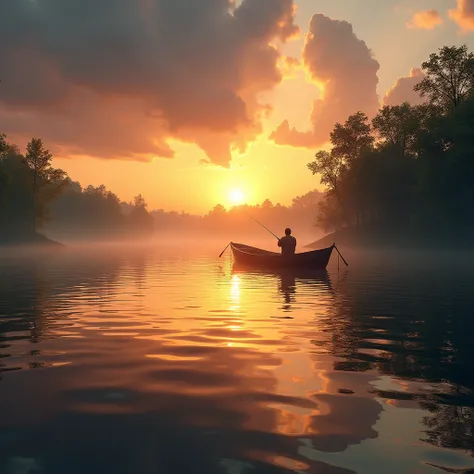 a fishing scene on a calm lake, one person fishing from a wooden boat, beautiful sunset sky with warm colors, detailed rippling water, reflection of the boat on the water, lush green trees and foliage on the shore, (best quality,4k,8k,highres,masterpiece:1...