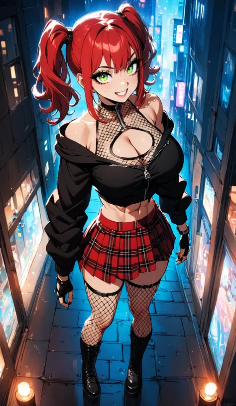 woman, grin, curly red hair in pig tails, green eyes, black eyeshadow, wearing crop top black shirt, black oversized zip up hoodie, red plaid skirt, black knee high boots, black fingerless gloves, exposed shoulders, large breasts, freckles, abs, cleavage, ...