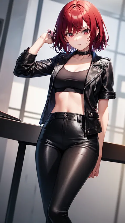 a young high school girl with short red hair and dark eyes and a leather jacket and black pants