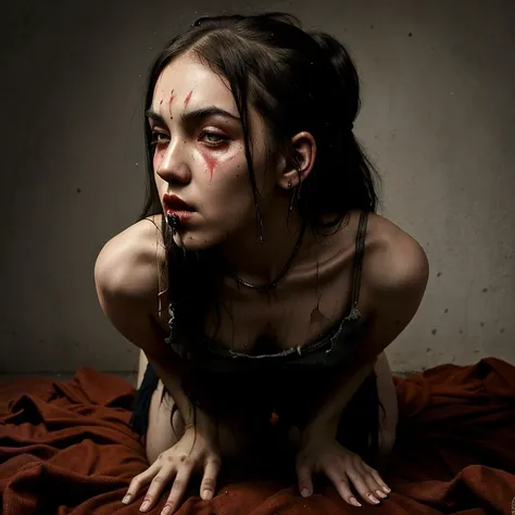 Undead Sasha Grey on her knees, forced oral sex, (oral rape:1.3), Sexual violence, hand on her head, holds her by the hair, (traces of beatings on her body:1.2), torn clothes, Sexual slavery, hellish torment, demon pissing on her face