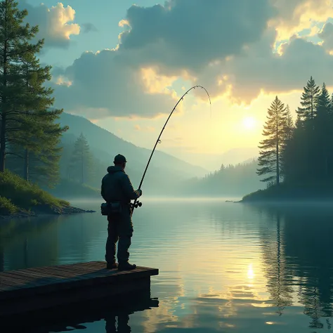 A fisherman standing on a pier, holding a fishing rod and casting his line into the calm blue waters of a lake, surrounded by lush green pine trees and a cloudy sky with warm golden sunlight filtering through

(best quality,4k,8k,highres,masterpiece:1.2),u...