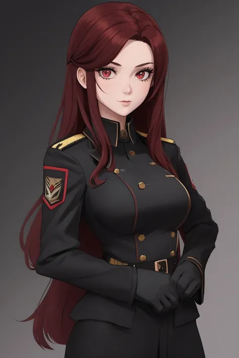 Draw a girl with dark red hair, wearing a black military suit..