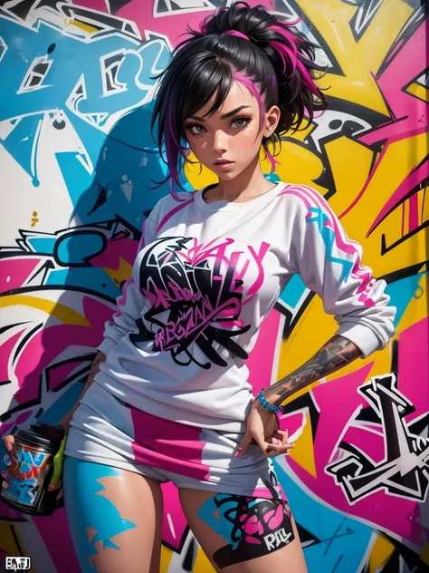 (best quality), (high detail), (vivid colors), (graffiti style), (freestyle), (Close up), (1girl), sexy female graffiti artist, spraying graffiti on a wall painted with street art, HDR, 4K, 3D, graffiti art style.