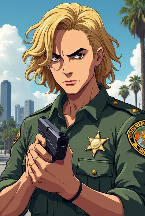 los angeles sheriff, "white" blonde curly hair, anime style drawing (man with serious face) uses a gun