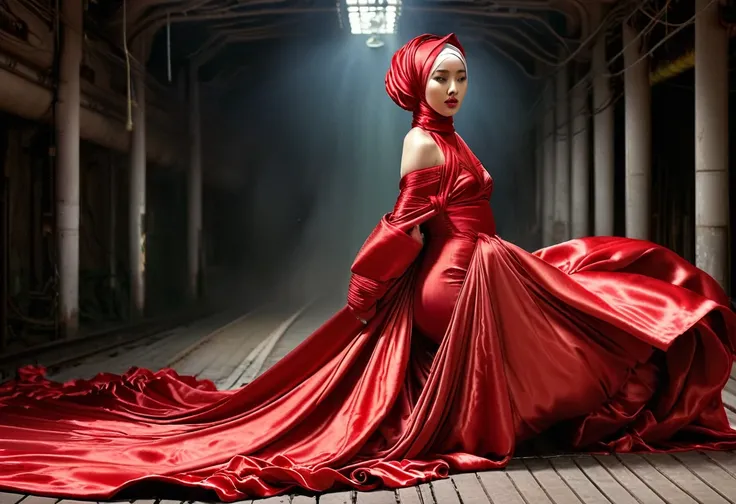 a woman shrouded in a 4-meter-long, plush red satin cloth, tightly bound and grandly draping along the form of her body, flowing...