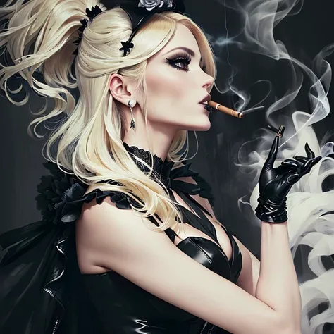 blond woman smoking a cigarette in a black dress and gloves, dramatic smoking pose, smoking, with a cigar, gothic girl smoking, cigarette, smoking woman, smokes, woman smoking cigarette, Silvia Pelissero, fabulous, Black and white. high contrast, with a ci...