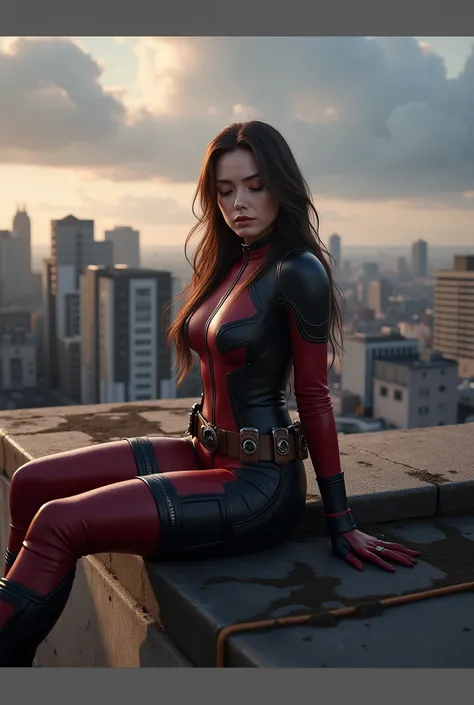 {Ultra-realistic, 4k, professional photo,age 21, 1girl, skinny body},{long hair, HDR, detailed face},{cloth: deadpool suite},{pose: perfect dynamic sleep pose}, {Masterpiece, (lighting),(1solo), rooftop, realistic background, realistic photo} 