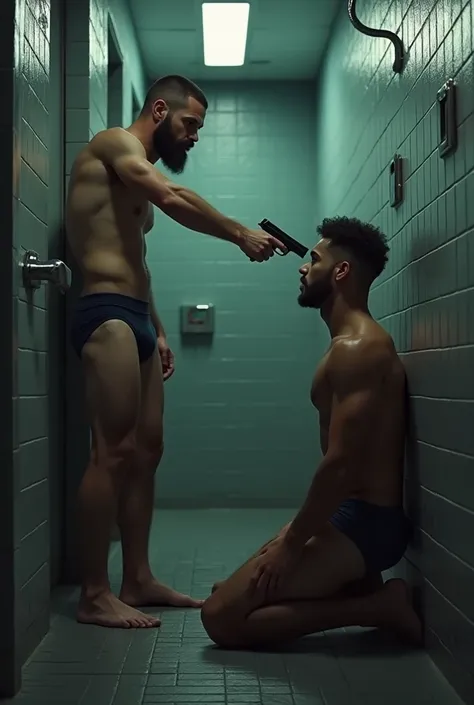 Mixed race police officer, stark, bearded, hairy man in navy blue underwear pointing a pistol at another man on his knees, inside a public bathroom surrounded by men.