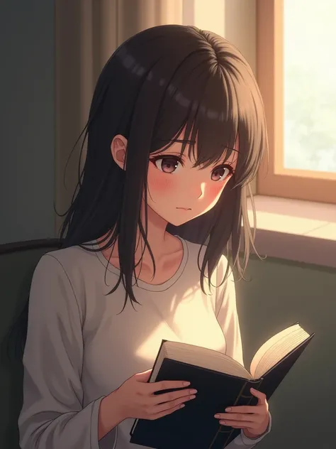 A Serene Girl，Shoulder-length hair，Beautiful face，Side view，Showcasing the Girls Focused Expression，Close shot，Focusing on the Girls Facial Expressions and the Book in Her Hands，Peaceful and Focused，Immersed in the World of Books，She sits by the window or ...