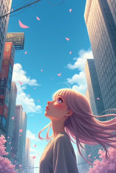 Anime girl watching the sky in a city drawing