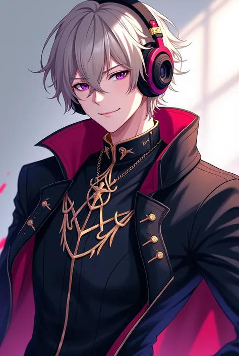 Draw in 2D anime style, a young boy, that is husbando, that has ash blonde hair, that has violet eyes, has headphones, He wears extravagant clothes in black, that looks an intimidating pose, have a confident smile, that has some malice, He has his hair com...