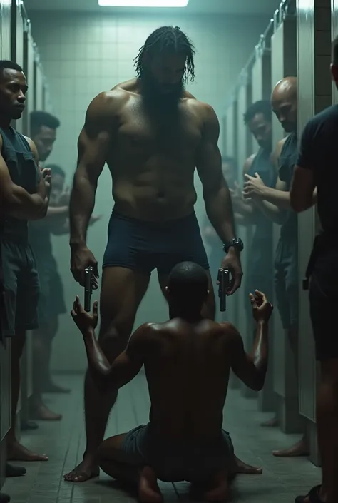 Mixed race police officer, stark, bearded, hairy man in navy blue underwear pointing a pistol at another black man on his knees, inside a public bathroom surrounded by men.