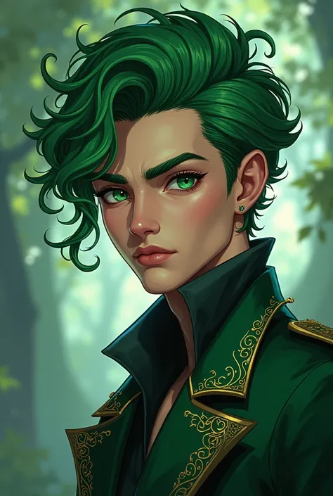 A man with green hair, brunette skin, green eyes and long hair. He would have the style of the Mad Hatter from Alice in Wonderland., but a darker and more beautiful version He is young in his 25s
" manhwa character style