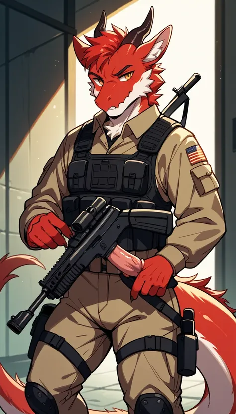 score_9, score_8_up, score_7_up, score_6_up, score_5_up, score_4_up, BREAK source_furry, source_anthro, rating_explicit,
dragon, red fur, fluffy, tactical gear, holding a gun