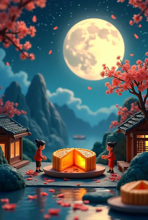 A captivating night scene in 3D art style, showcasing a tranquil Mid-Autumn Festival. The scene is filled with miniature mooncakes, tiny figures sawing and transporting mooncakes under an osmanthus tree. A half mooncake with molten filling sits on the desk...