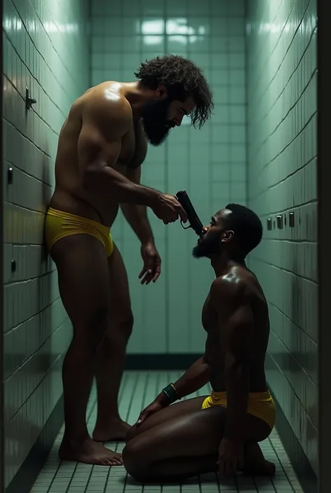 Mixed race police officer, stark, bearded and hairy man in yellow underwear pointing a pistol at another black man on his knees, inside a public bathroom surrounded by men.