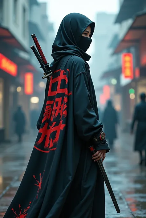 a girl like ninja around 18, Muslim niqabis close her face, wearing cloak, slim body, holding katana, cyberpunk, big name tag using text Mata Dragon text on cloth or on katana, have bow and arrow on her back, camera long shot show her full body, location a...